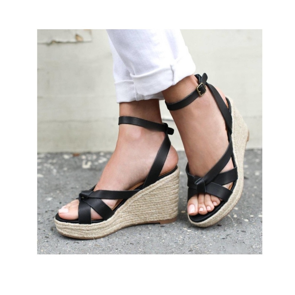 Soludos Black Leather Espadrille Wedge Sandals - Size 7 (NWOT)